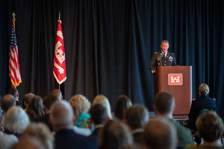 Col. Andrew J. Short, former commander of the U.S. Army Corps of Engineers Pittsburgh District, delivered his farewell remarks during the Change of Command ceremony at the Senator John Heinz History Center, July 29. (U.S. Army Corps of Engineers photo by Michel Sauret)
