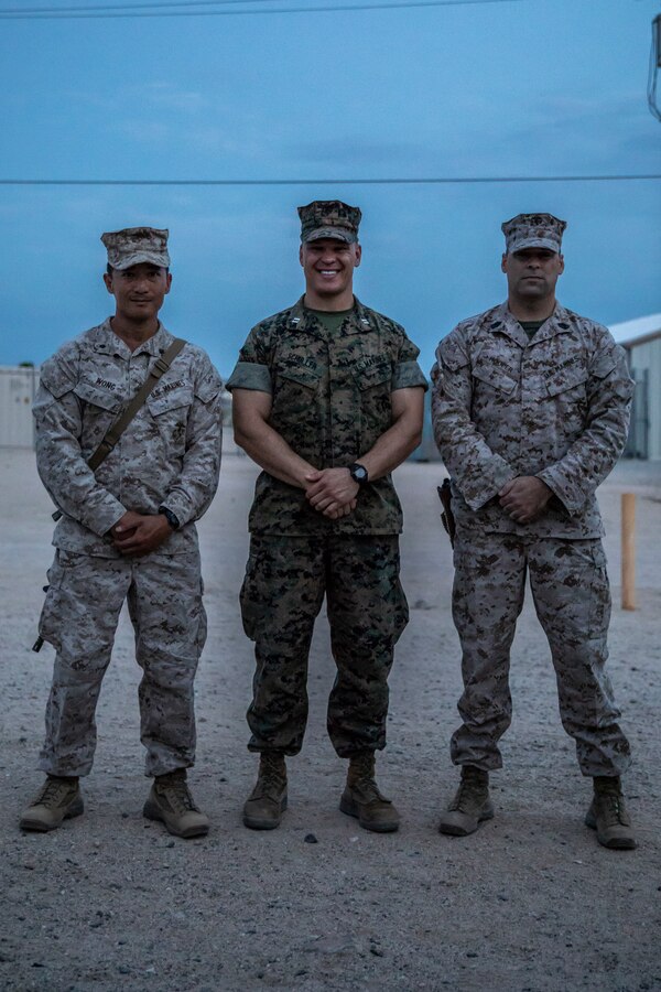 Capt. Jeffrey Schuller poses with leadership from 3rd Battalion, 25th Marines during Integrated Training Exercise (ITX) 4-21 at Marine Corps Air Ground Combat Center, Twentynine Palms, California on July 30th, 2021. Schuller previously served with 3rd Battalion, 25th Marines as a Corporal during a deployment in support of Operation Iraqi Freedom. Schuller received a Silver Star for his actions on May 7th, 2005 when his platoon was ambushed by enemy forces using a suicide vehicle-borne improvised explosive device, rocket propelled grenades and automatic weapons. Capt Schuller spoke to the Marines of 3/25 about the importance of small-unit leadership, their training during ITX and thanked them for answering the call to serve in the United States Marine Corps Reserve. (U.S. Marine Corps Photo By Lance Cpl. Samwel Tabancay)