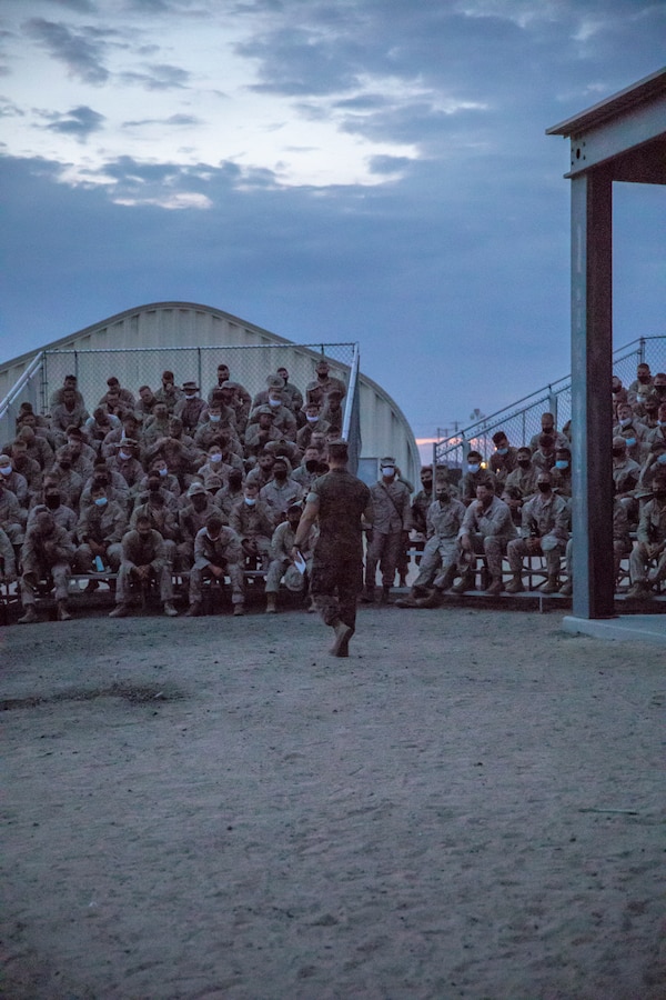 Capt. Jeffrey Schuller addresses the Marines of 3rd Battalion, 25th Marines, during Integrated Training Exercise (ITX) 4-21 at Marine Corps Air Ground Combat Center, Twentynine Palms, California on July 30th, 2021. Schuller previously served with 3rd Battalion, 25th Marines as a Corporal during a deployment in support of Operation Iraqi Freedom. Schuller received a Silver Star for his actions on May 7th, 2005 when his platoon was ambushed by enemy forces using a suicide vehicle-borne improvised explosive device, rocket propelled grenades and automatic weapons. Capt Schuller spoke to the Marines of 3/25 about the importance of small-unit leadership, their training during ITX and thanked them for answering the call to serve in the United States Marine Corps Reserve. (U.S. Marine Corps Photo By Lance Cpl. Samwel Tabancay)