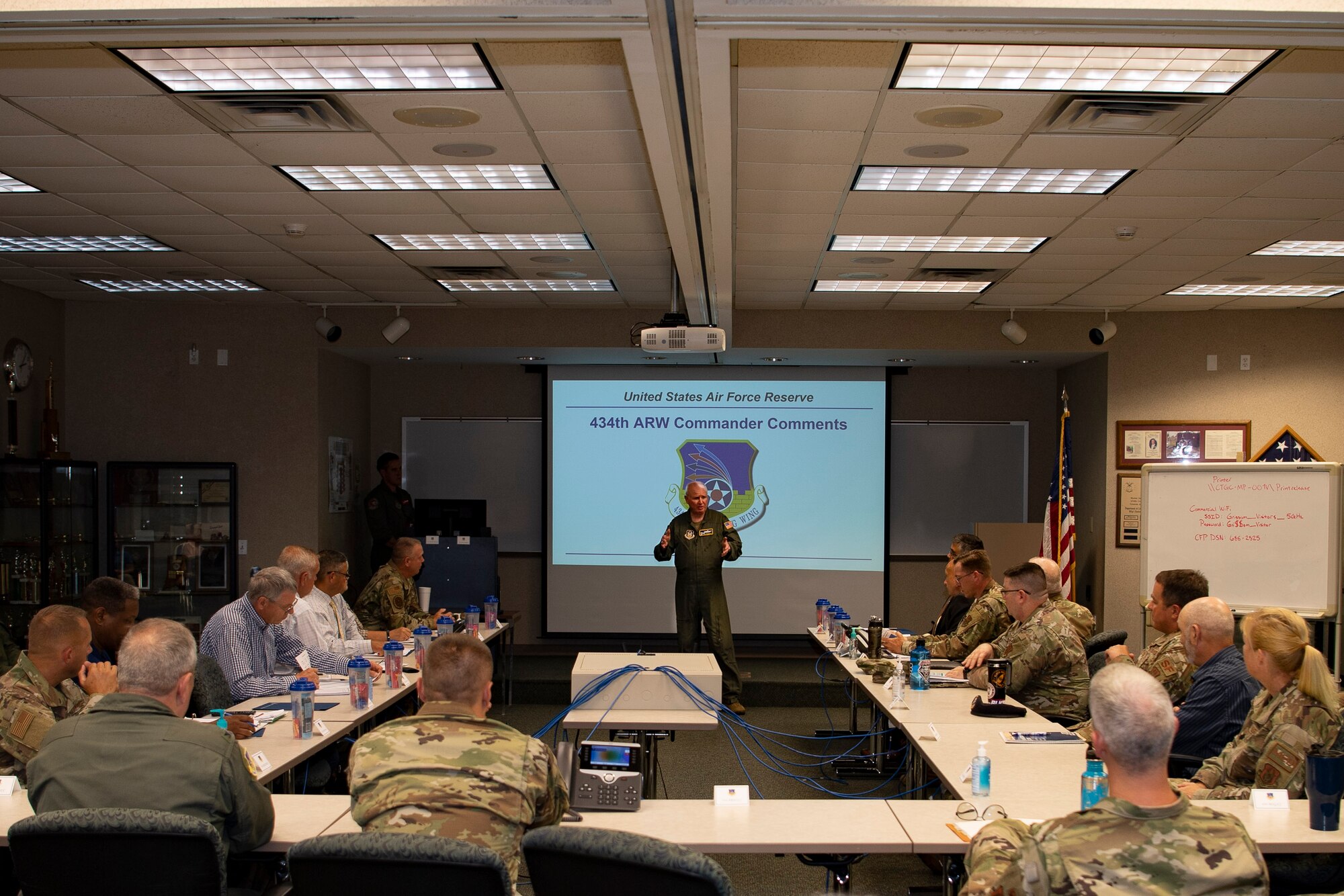 434th Air Refureling Wing Commander, Col. Thom Pemberton briefs members of the KC-46 site survey team at Grissom Air Reserve Base, Indiana on July 28, 2020. The site survey team consisting of members from Air Force Reserve Command and Air Mobility command visited Grissom to tour base facilities and the entire airfield, including its runways and taxiways in order to determine the bases suitability for the KC-46 mission. (U.S. Air Force photo by Tech, Sgt, Josh Weaver)