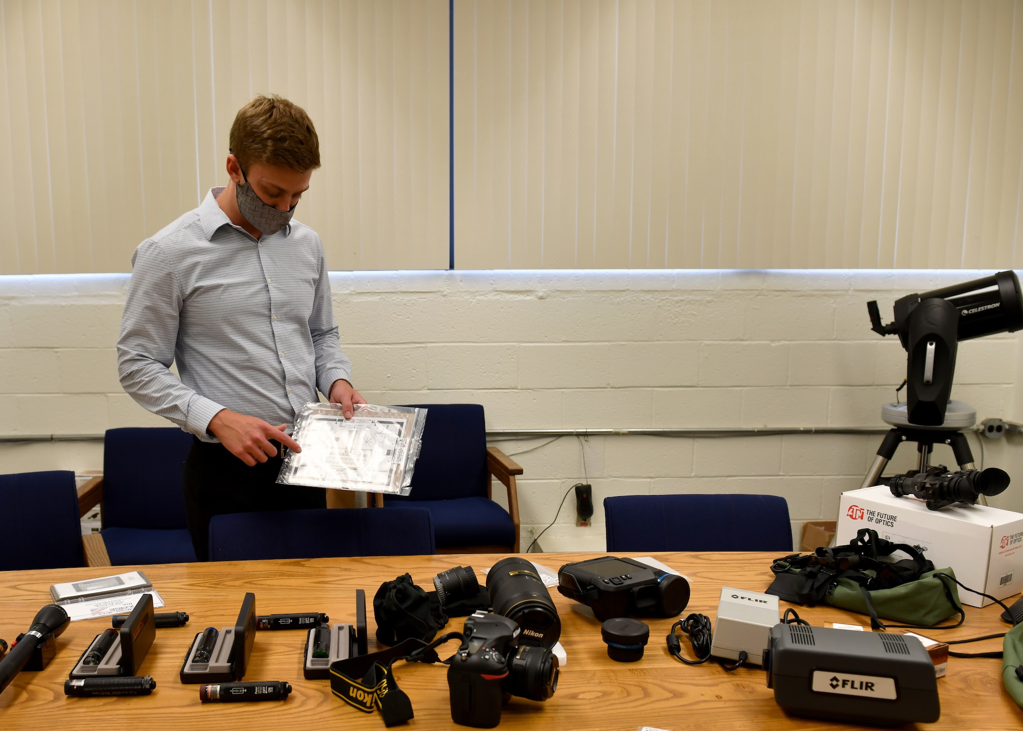 Kevin Meyer, intern engineer, 775th Test Squadron, 412th Test Engineering Group, 412th Test Wing, explains the various training aids during a demonstration at Edwards Air Force Base, California, July 26. The EO/IR Flight, 775th Test Squadron, 412th Test Engineering Group, 412th Test Wing, developed an improved training program that was supported by SparkEd, the official AFWERX-recognized Spark Cell for Edwards AFB.
