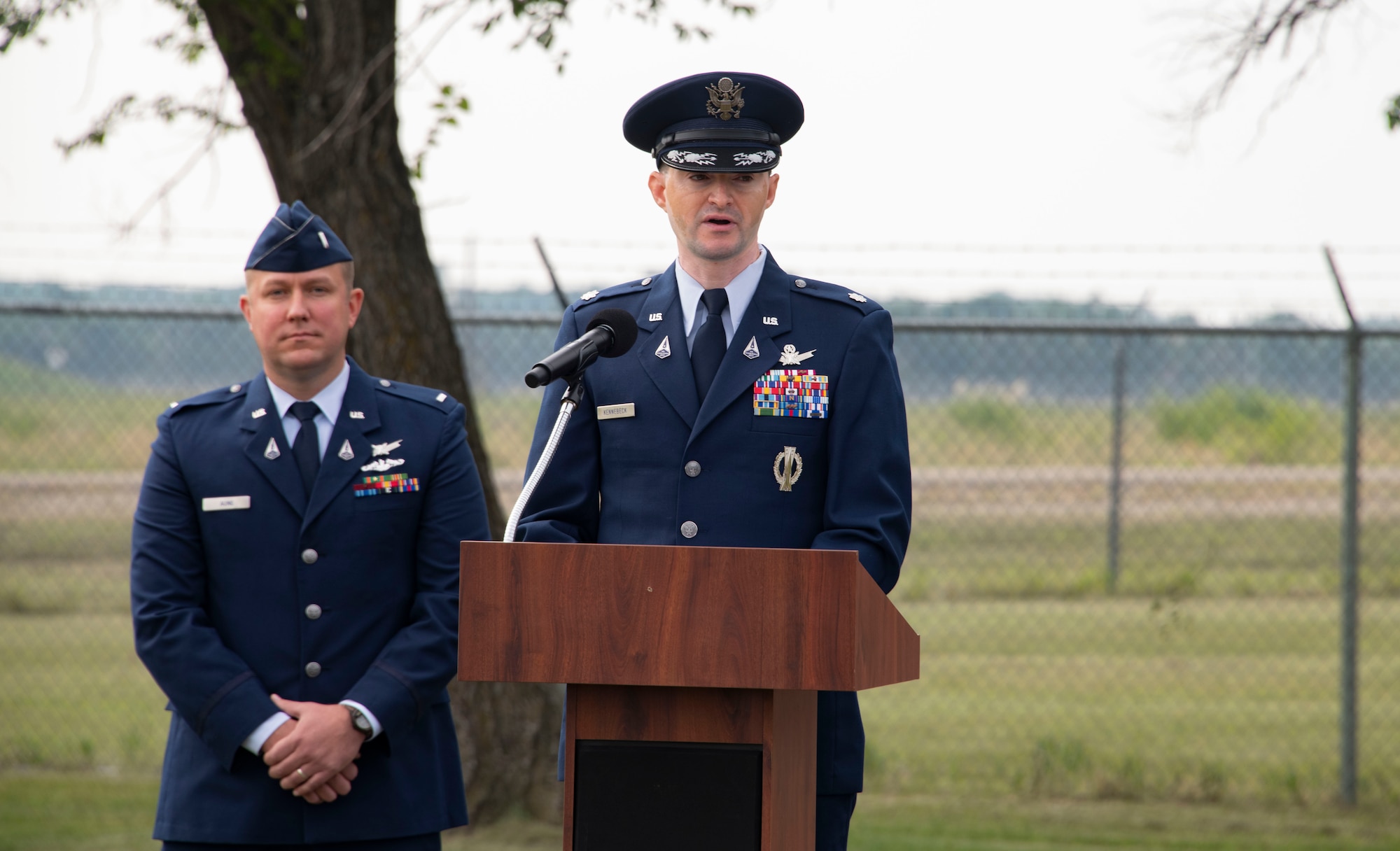 Lt. Col. Travis Kennebeck, 10th Space Warning Squadron commander, gives a speech during the renaming ceremony at Cavalier Space Force Station, N.D., July 30, 2021.