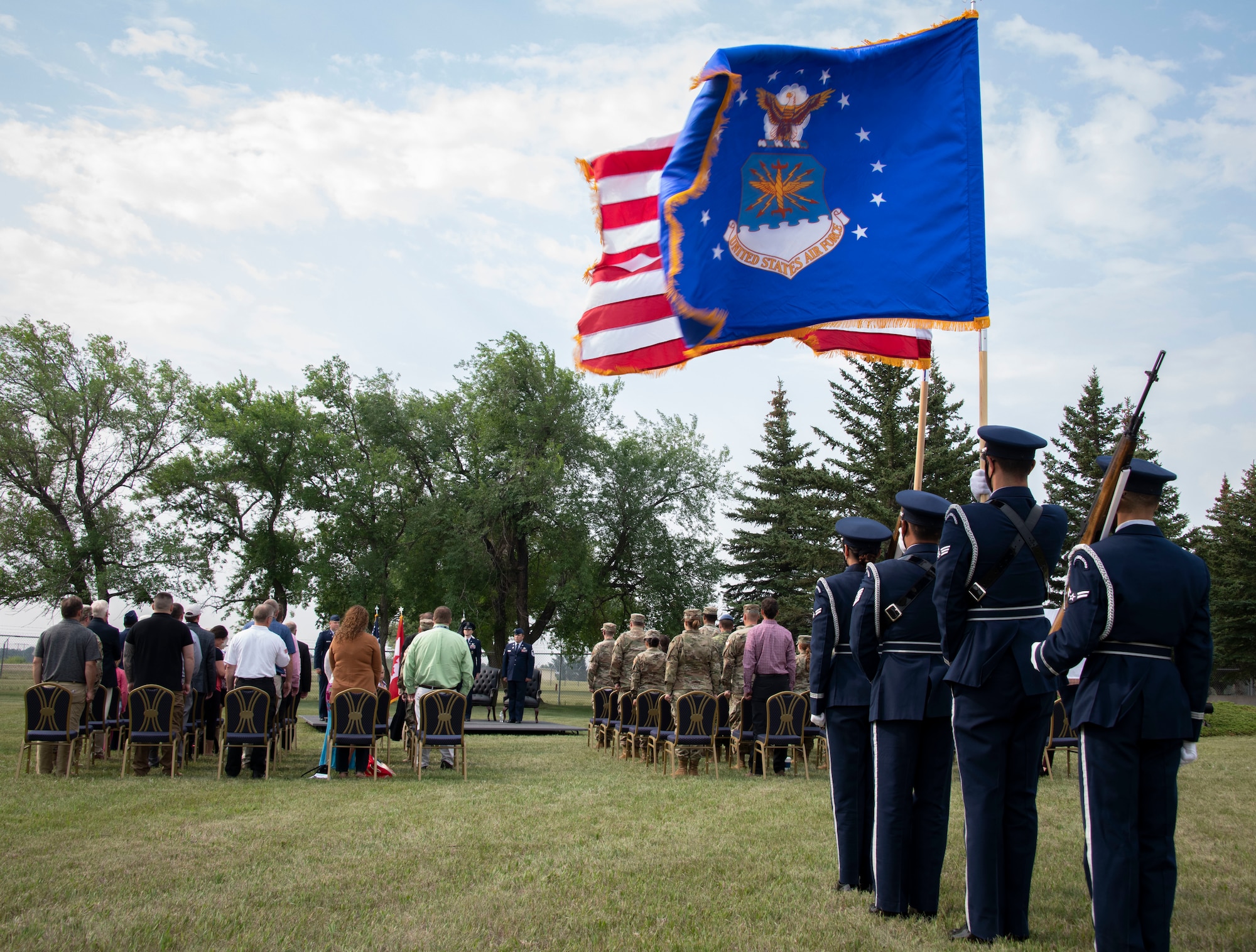 The 319th Reconnaissance Wing honor guard prepares to march during the renaming ceremony at Cavalier Space Force Station, N.D., July 30, 2021.