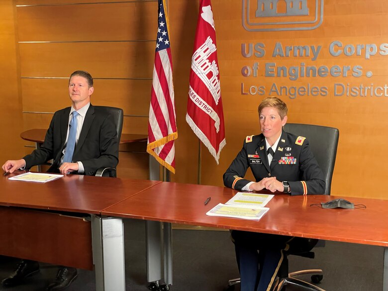 Col. Julie Balten, right, LA District commander, joins David Van Dorpe, district deputy commander, at the district headquarters conference room to host the 246th Engineer Day virtual event July 29, 2021, which was broadcast via YouTube live.