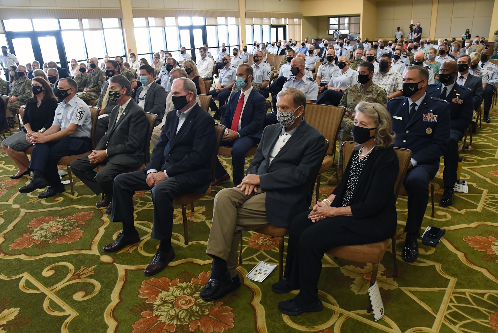 Keesler personnel attend the Second Air Force change of command ceremony inside the Bay Breeze Event Center at Keesler Air Force Base, Mississippi, July 30, 2021. The ceremony is a symbol of command being exchanged from one commander to the next. Maj. Gen. Andrea Tullos relinquished command of the Second Air Force to Maj. Gen. Michele Edmondson. (U.S. Air Force photo by Kemberly Groue)