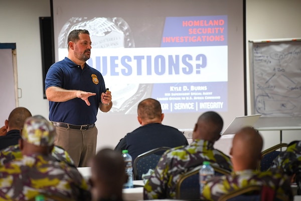 (July 30, 2021) Kyle Burns, Homeland Security Investigations supervisory special agent, discusses maritime smuggling techniques, trends, and threats during exercise Cutlass Express 2021 at the Bandari Maritime Academy in Mombasa, Kenya, July 30, 2021. Cutlass Express is designed to improve regional cooperation, maritime domain awareness and information sharing practices to increase capabilities between the U.S., East African and Western Indian Ocean nations to counter illicit maritime activity.