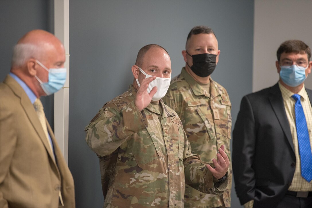 Master Sgt. Nicholas Stavropoulos, an aerial port supervisor in the 123rd Global Mobility Squadron, talks about enhanced facilities during a tour of the new Response Forces Facility at the Kentucky Air National Guard Base in Louisville, Ky., July 30, 2021. The 28,000-square-foot building will house the 123rd Security Forces Squadron, the 123rd Contingency Response Group, a Fatality Search and Recovery Team, and a medical detachment for the state’s Chemical, Biological, Radiological, Nuclear and high-yield Explosive Enhanced Response Force Package. (U.S. Air National Guard photo by Phil Speck)