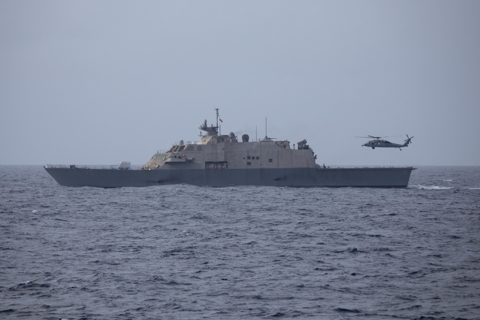 An MH-60S Seahawk helicopter attached to the  “Snowmen” of Helicopter Sea Combat Squadron (HSC) 28, Detachment 5, takes off from the flight deck.