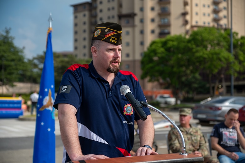 David Gley, the commander for 2019-2020, Veterans of Foreign Wars, 8180 Korea, the guest speaker during a Memorial Day remembrance event at Osan Air Base, Republic of Korea, May 28, 2021. Memorial Day was formerly known as Decoration Day and commemorates all men and women who have died in U.S. military service. (U.S. Air Force photo by Senior Airman Branden Rae)