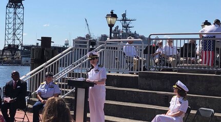 Norfolk Naval Shipyard Commander Capt. Dianna Wolfson speaks during the City of Portsmouth’s 137th Annual Memorial Day Parade May 31.