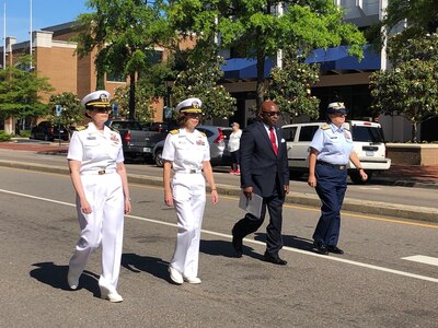 Norfolk Naval Shipyard Commander Capt. Dianna Wolfson joins Naval Medical Center Portsmouth Commanding Officer Capt. Lisa Mulligan, City of Portsmouth’s Honorable Mayor Shannon E. Glover, and Commander Fifth Coast Guard District Rear Adm. Laura M. Dickey in the City of Portsmouth’s 137th Annual Memorial Day Parade.