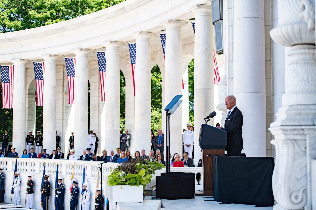 President Joe Biden speaks during Memorial Day ceremonies.