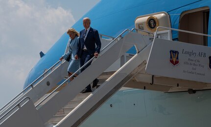 President Joe Biden and first lady Jill Biden arrive at Joint Base Langley-Eustis, Virginia.
