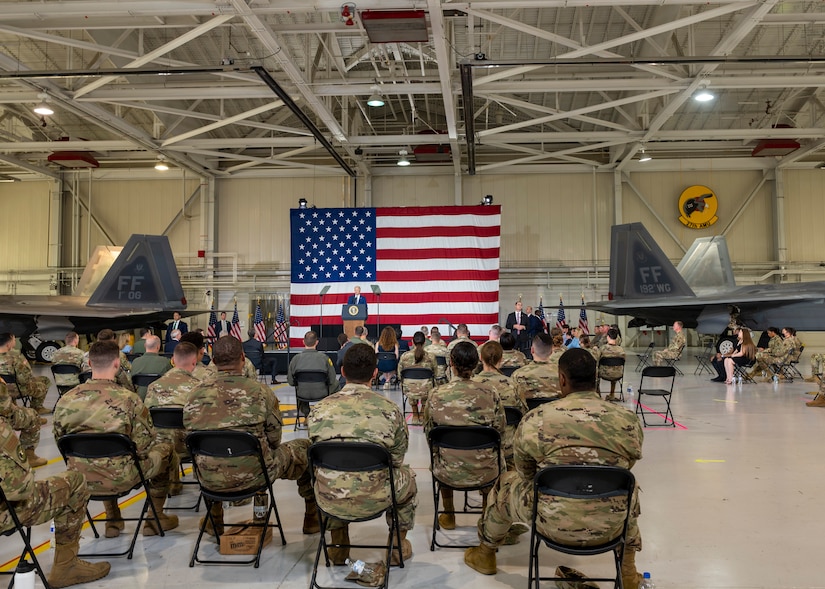 President Joe Biden speaks to joint service members.