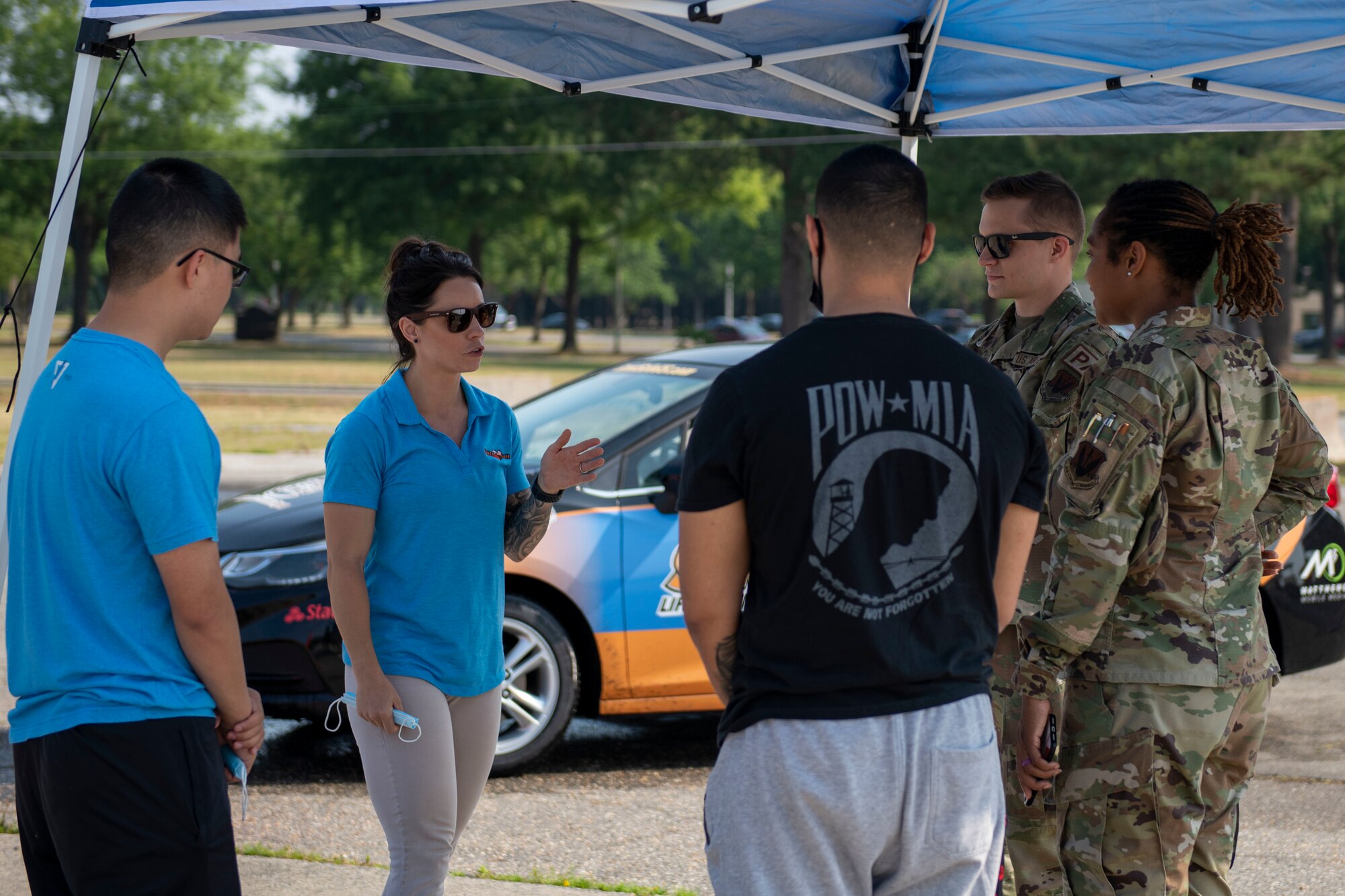 Members of Team Seymour debrief with a safe driving instructor at Seymour Johnson Air Force Base, North Carolina, May 26, 2021.