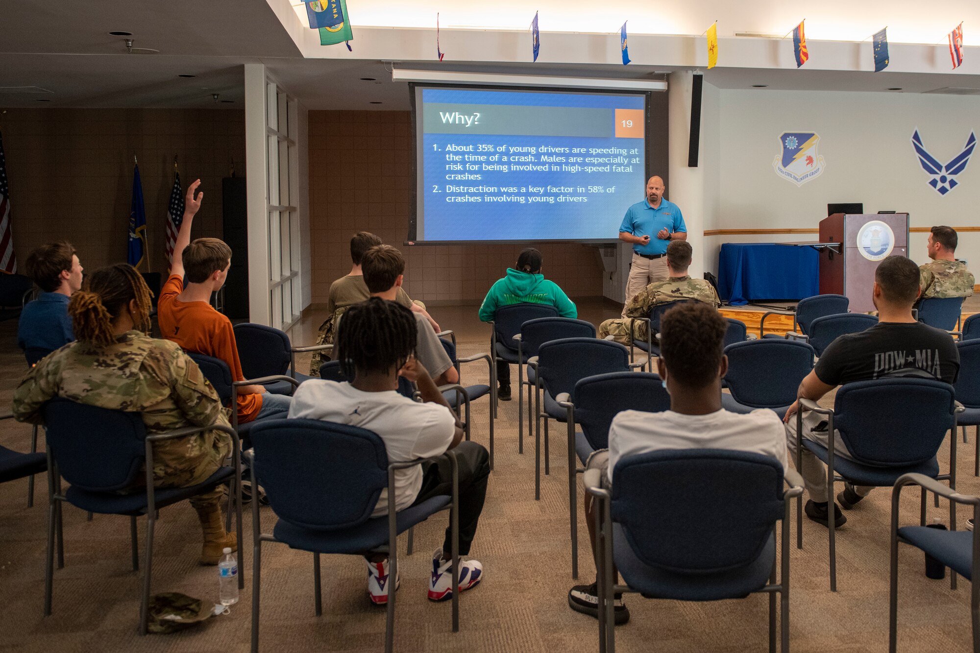 Members of Team Seymour participate in a classroom presentation about driving safety at Seymour Johnson Air Force Base, North Carolina, May 26, 2021.