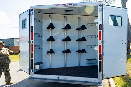 U.S. Army Staff Sgt. Juan Urbina, assigned to the U.S. Army North Caisson Platoon, inspects the tack room section of the caisson platoon’s new trailer on Joint Base San Antonio - Fort Sam Houston, April 8, 2021.