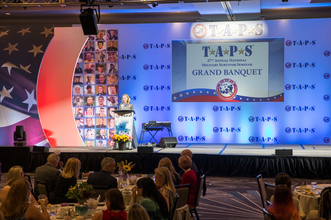 Bonnie Carroll, founder of the Tragedy Assistance Program for Survivors, hosts the TAPS Grand Banquet during the 27th Annual National Military Survivor Seminar and Good Grief Camp in Washington D.C., May 29, 2021. TAPS provides comfort, care and resources to all those grieving the death of a military loved one. (U.S. Marine Corps photo by Lance Cpl. Mark A. Morales)