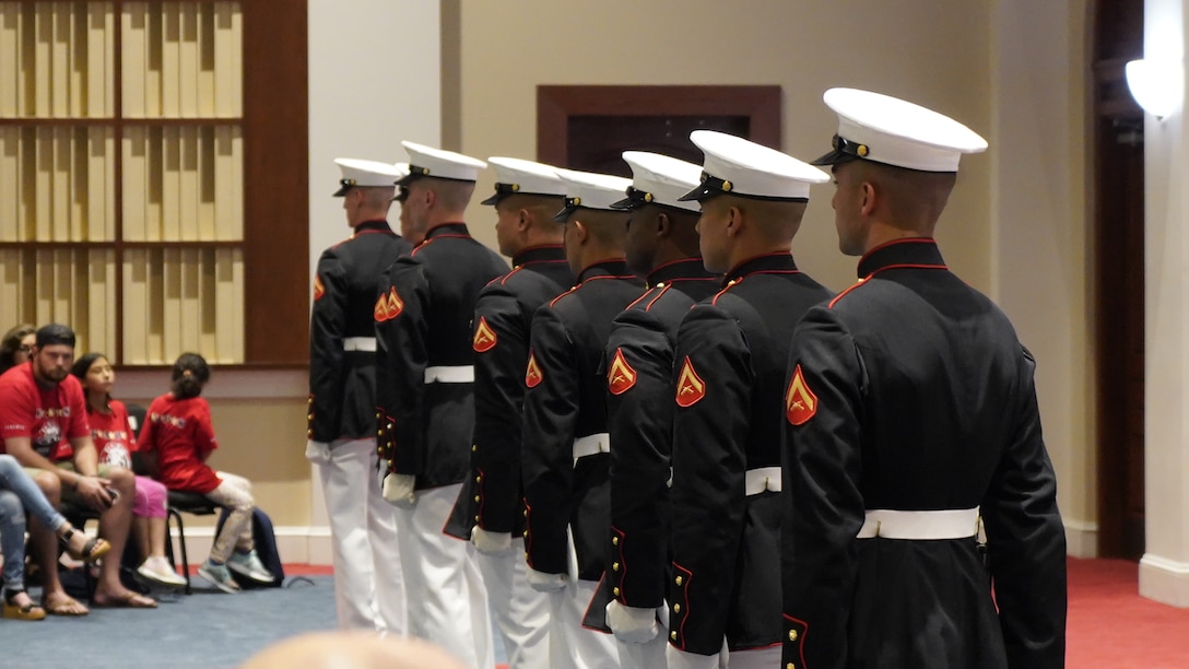 Marines with The Silent Drill Platoon perform during the Indoor Ceremony at Marine Barracks Washington, D.C., May 28, 2021. The 38th Commandant of the Marine Corps Gen. David H. Berger was the hosting official, and Ms. Bonnie Carroll, the president and founder of the Tragedy Assistance Program for Survivors (TAPS) and a 2015 Presidential Medal of Freedom recipient, was our guest of honor. (U.S. Marine Corps photo by Sgt. Jason Kolela)