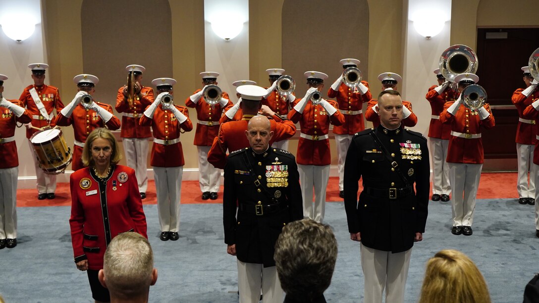 Marines with “The Commandant’s Own,” U.S. Marine Drum and Bugle Corps perform during the Indoor Ceremony at Marine Barracks Washington, D.C., May 28, 2021. The 38th Commandant of the Marine Corps Gen. David H. Berger was the hosting official, and Ms. Bonnie Carroll, the president and founder of the Tragedy Assistance Program for Survivors (TAPS) and a 2015 Presidential Medal of Freedom recipient, was our guest of honor. (U.S. Marine Corps photo by Sgt. Jason Kolela