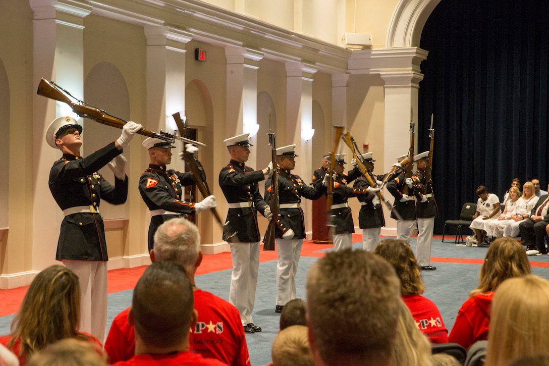 Marines with the Silent Drill Platoon perform during the Indoor Ceremony at Marine Barracks Washington, D.C., May 28, 2021. The 38th Commandant of the Marine Corps Gen. David H. Berger was the hosting official, and Ms. Bonnie Carroll, the president and founder of the Tragedy Assistance Program for Survivors (TAPS) and a 2015 Presidential Medal of Freedom recipient, was our guest of honor. (U.S. Marine Corps photo by Lance Cpl. Mark Morales)