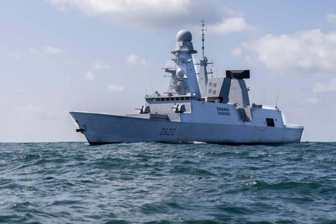 A frigate participates in an exercise.