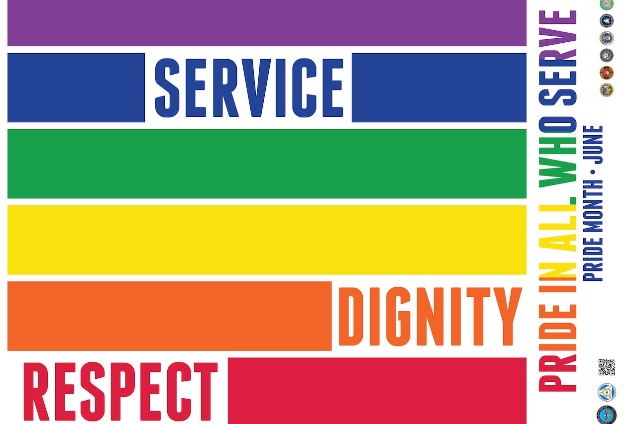 The words "SERVICE" "DIGNITY" and "RESPECT" appear on rainbow bars.