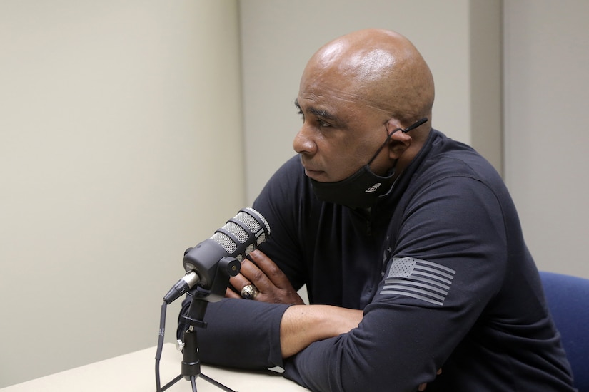 Command Sgt. Maj. Theodore Dewitt, Command Sergeant Major, 85th U.S. Army Reserve Support Command, participates in a Stand for Life podcast at Camp Bullis, Texas, May 11, 2021.