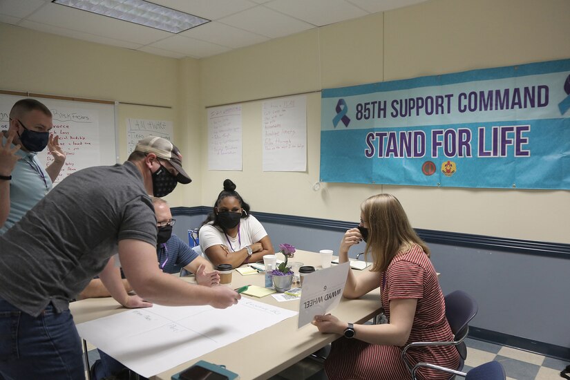 Suicide prevention liaisons participate in groups for a ‘What would you do?’ scenario-based exercise during a Stand for Life training event at Camp Bullis, Texas, May 11, 2021.