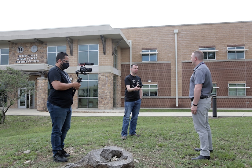 The suicide prevention media team conduct media interviews during the Stand for Life training event at Camp Bullis, Texas, May 11, 2021.