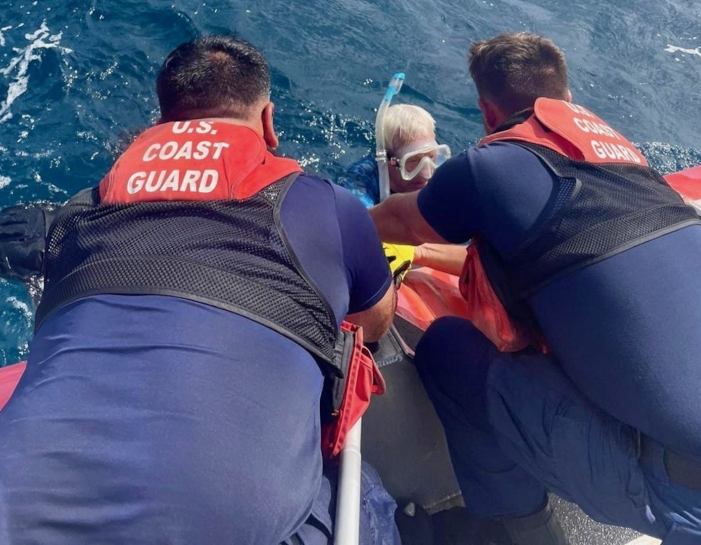 Coast Guard Boat Forces Detachment St. Thomas and Coast Guard Air Station Borinquen crews combined efforts to rescue a diver in distress off Dutchcap Cay in St. Thomas, U.S. Virgin Islands May 24, 2021. The man, reported to be a U.S. citizen in his 60’s, was approximately four hours in the water before he was rescued over 1.7 nautical miles north from his original position. (U.S. Coast Guard photo)