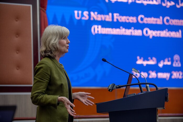 210525-N-KZ419-1070 MANAMA, Bahrain (May 25, 2021) Maggie Nardi, Chargé d'affaires of the U.S. Embassy in Bahrain, delivers remarks during a Humanitarian Operations Workshop hosted by the Bahrain Ministry of Interior, and facilitated by U.S. Naval Forces Central Command (NAVCENT) and USAID in Manama, Bahrain, May 25. NAVCENT is the U.S. Navy element of U.S. Central Command in the U.S. 5th Fleet area of operations and encompasses about 2.5 million square miles of water area that includes the Arabian Gulf, Gulf of Oman, Red Sea and parts of the Indian Ocean. (U.S. Navy photo by Mass Communication Specialist 3rd Class Dawson Roth)