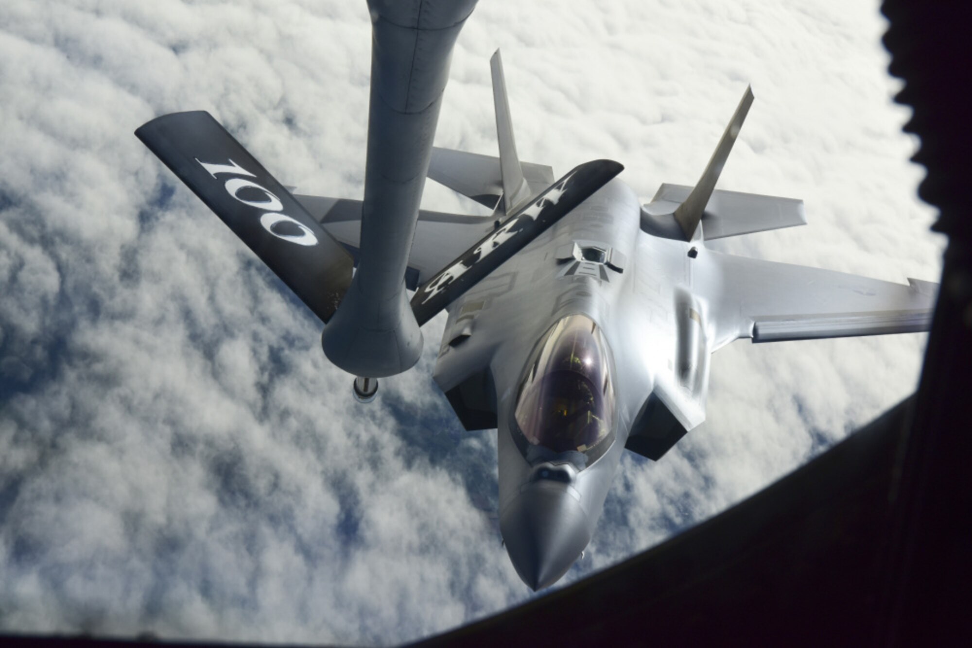 A U.S. Air Force F-35A Lightning II aircraft assigned to the 4th Fighter Squadron, Hill Air Force Base, Utah, prepares to receive fuel from a KC-135 Stratotanker aircraft assigned to the 100th Air Refueling Wing, Royal Air Force Mildenhall, England, over France, May 30, 2021. The KC-135 Stratotanker aircraft extends the range of the fifth-generation fighters enhancing the Air Force's capability to accomplish its primary mission of global reach. (U.S. Air Force photo by Master Sgt. Darnell T. Cannady)