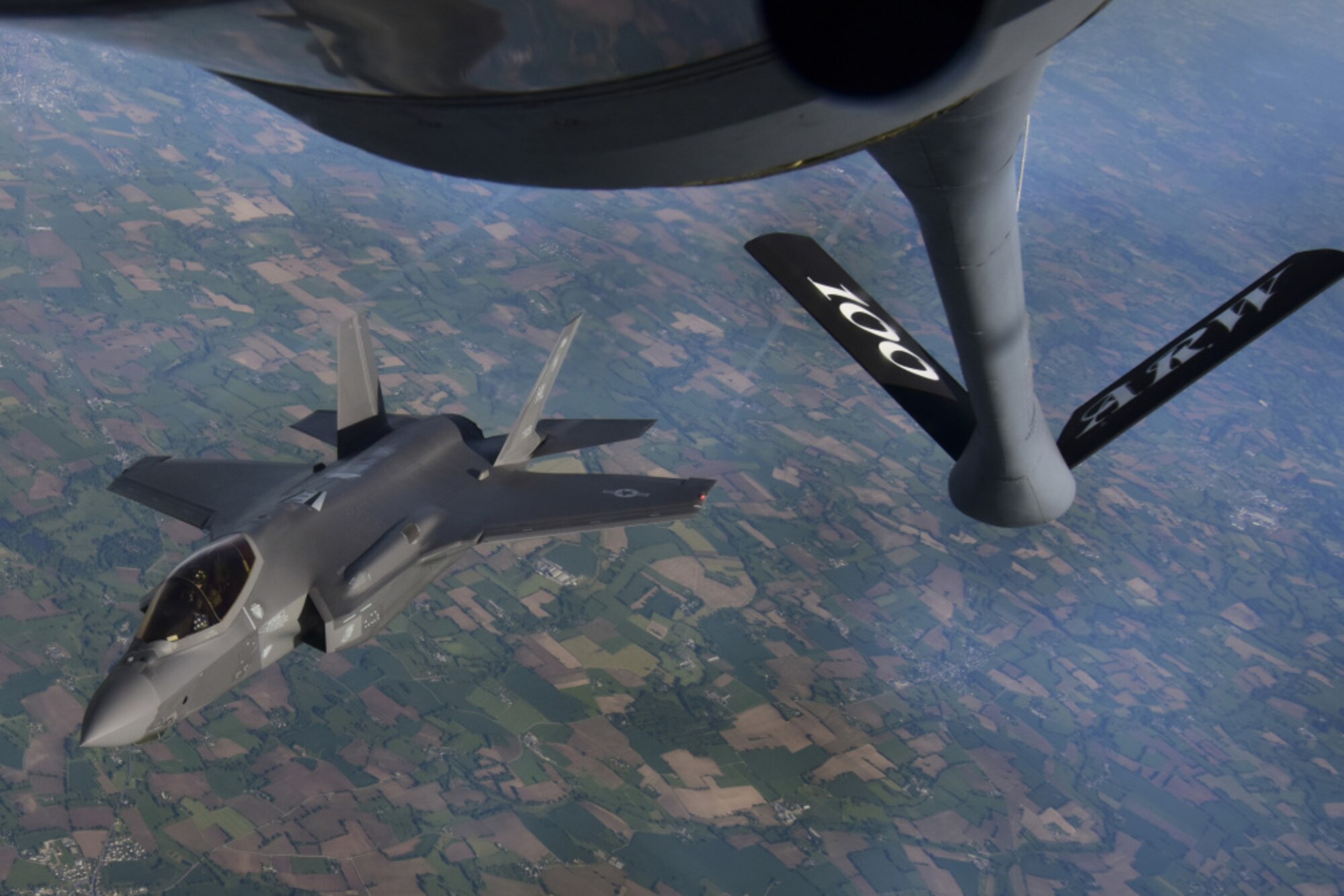 Two U.S. Air Force F-35A Lightning II aircraft assigned to the 4th Fighter Squadron, Hill Air Force Base, Utah, fly over France, May 30, 2021. The F-35A provides next-generation stealth, enhanced situational awareness, and reduced vulnerability for the United States and allied nations. (U.S. Air Force photo by Master Sgt. Darnell T. Cannady)