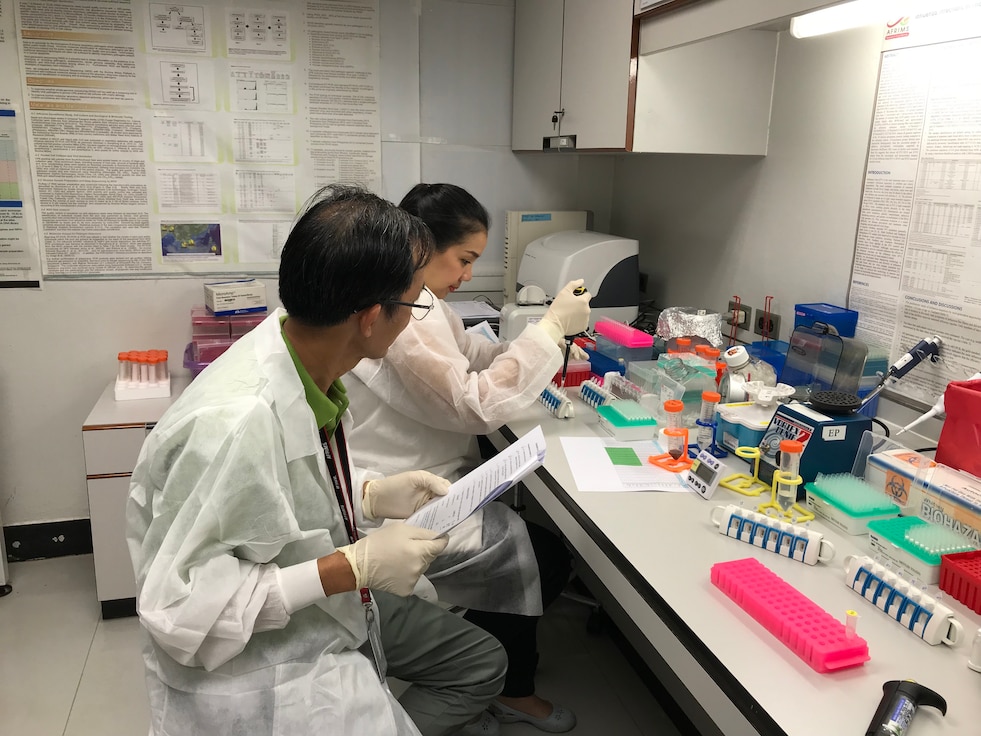 Two scientists sit in front of a lab bench pipetting fluids.