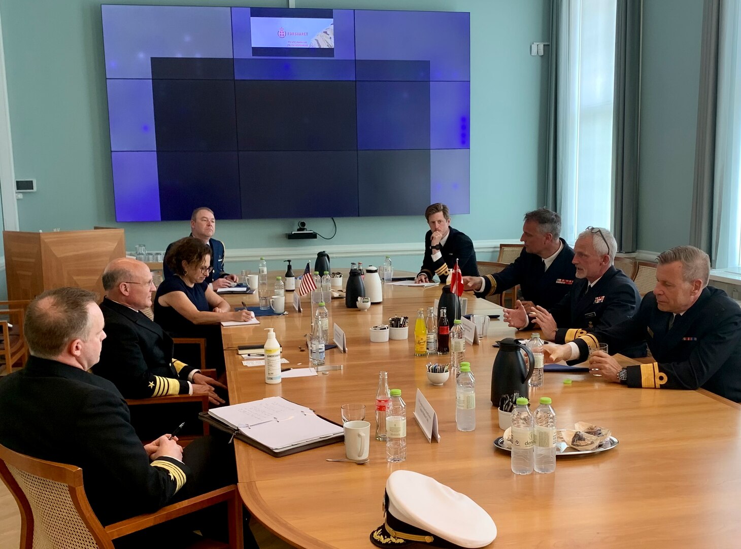 COPENHAGEN (June 1, 2021) Chief of Naval Operations (CNO) Adm. Mike Gilday meets with Chief of the Royal Danish Navy Rear Adm. Torben Mikkelsen during a visit to Copenhagen. Gilday visited Denmark to meet with his Navy counterpart as well as other senior Danish leadership to discuss areas for continued mutual cooperation. The U.S. Navy and the Royal Danish Navy routinely operate together throughout the globe, specifically in anti-submarine warfare and integrated air and missile defense. (U.S. Navy photo by Cmdr. Nate Christensen/Released)