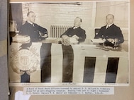 A photo of a Board of Coast Guard Officers convened by Admiral F. C. Billard to formulate plans for an anti-smuggling campaign. Reading from left to right - Commander L. C. Covell; Captain W. H. Munter and Commander L.C. Farwell. 8-21-23.
