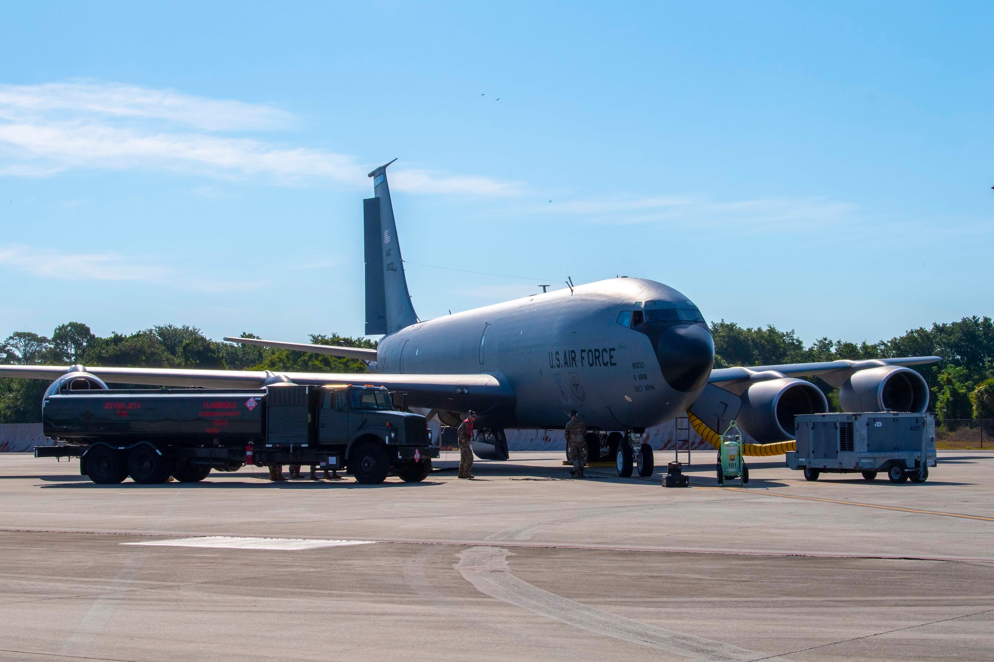 A KC-135 Stratotanker aircraft sits on the flight line before a hot pit refueling at MacDill Air Force Base, Florida, May 25, 2021. The hot pit refueling was the first to take place at MacDill on a KC-135. (U.S. Air Force photo by Airman 1st Class Hiram Martinez)
