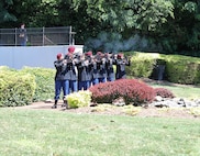 Soldiers from the 27th Engineer Battalion (Combat)(Airborne), 20th Engineer Brigade, perform a 21-gun salute during the 2021 Fayetteville, N.C., Memorial Day Ceremony to honor America’s fallen military service members, May 31, 2021, at Freedom Memorial Park.