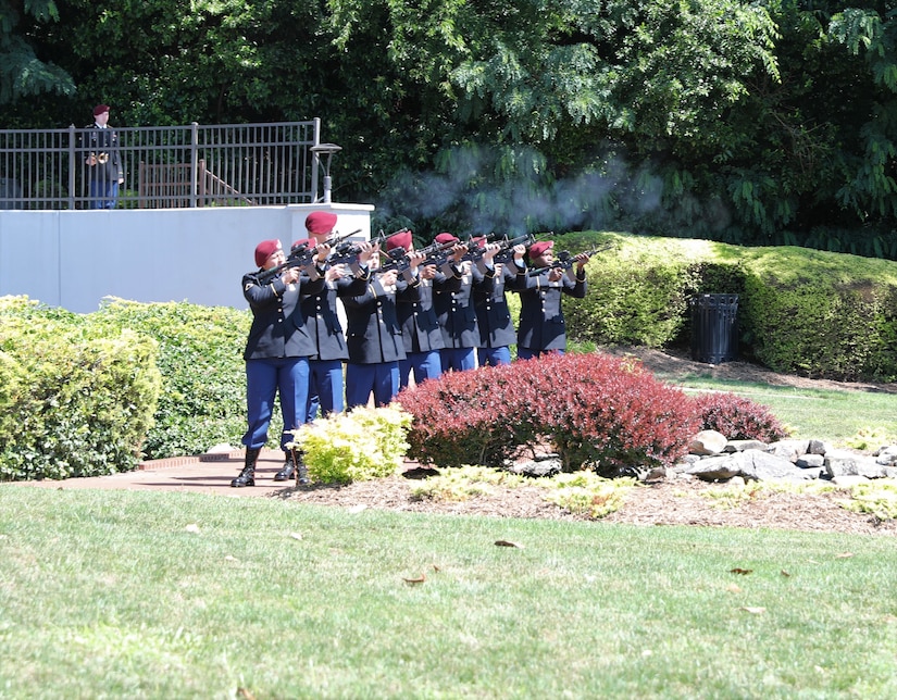 Soldiers from the 27th Engineer Battalion (Combat)(Airborne), 20th Engineer Brigade, perform a 21-gun salute during the 2021 Fayetteville, N.C., Memorial Day Ceremony to honor America’s fallen military service members, May 31, 2021, at Freedom Memorial Park.