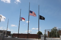 Flags fly at half staff during the 2021 Fayetteville, N.C., Memorial Day Ceremony to honor America’s fallen military service members, May 31, 2021, at Freedom Memorial Park.
