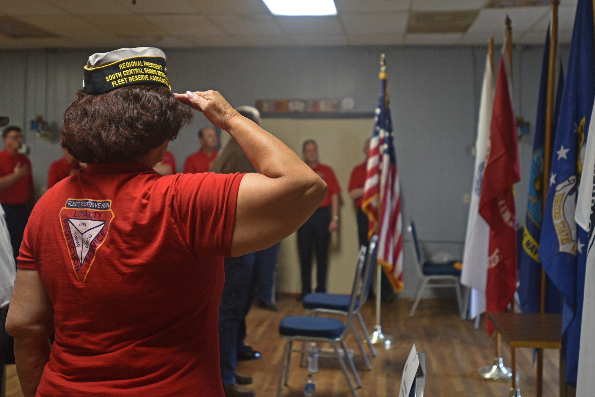 A member of the Fleet Reserve Association salutes during the playing of “Taps”, at the Memorial Day ceremony at the Veterans of Foreign Wars Post 1815 in San Angelo, Texas, May 31, 2021. During this portion of the ceremony, “Taps” was played to honor a past service member who was born and retired in San Angelo. (U.S. Air Force by Senior Airman Ashley Thrash)