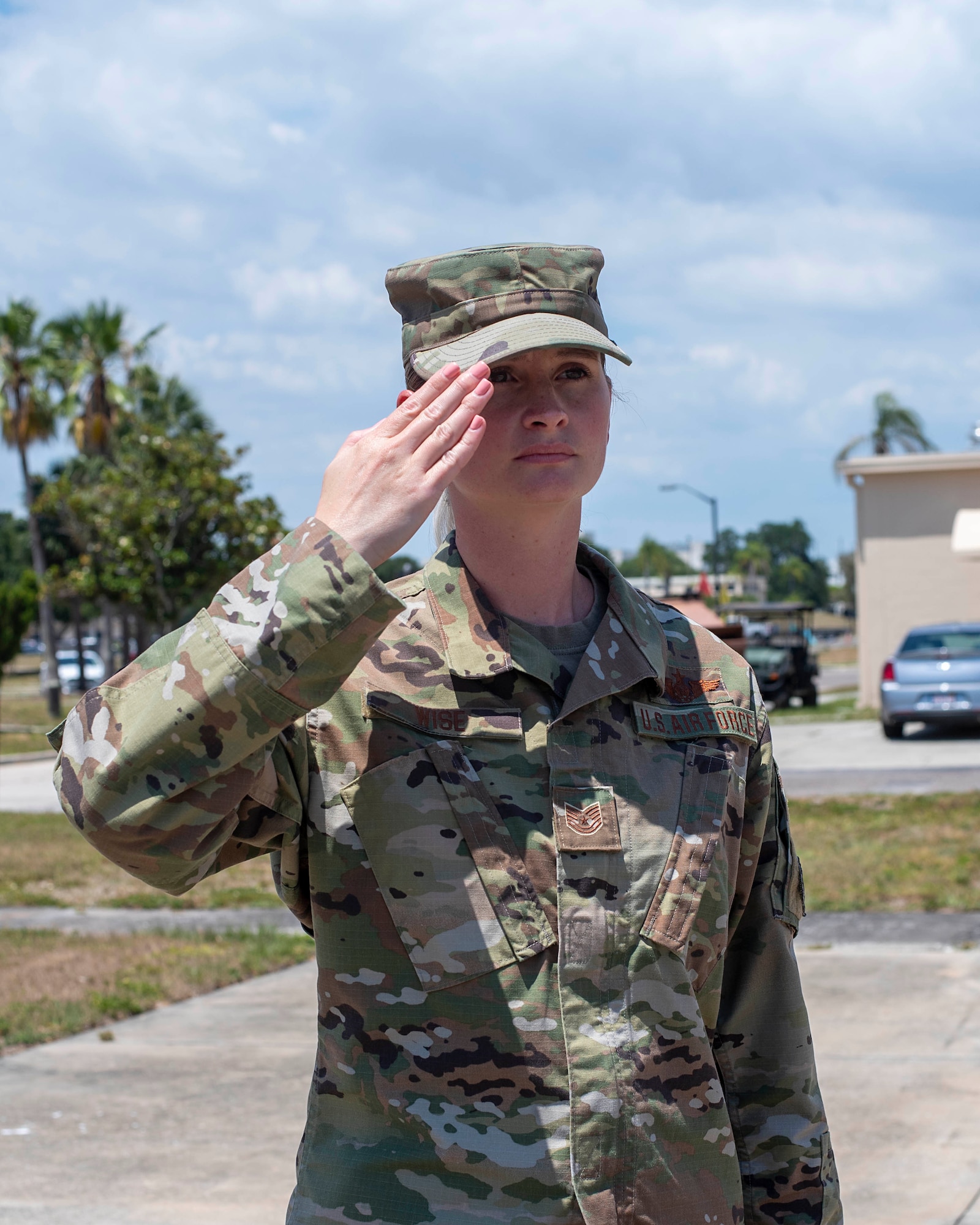 U.S. Air Force Tech. Sgt. Shawna Wise, 6th Force Support Squadron Airman Leadership School (ALS) lead instructor, salutes during the National Anthem at retreat at MacDill Air Force Base, Florida, May 26, 2021. As MacDill’s lead ALS instructor, Wise leads her professional and personal life with many of the Air Force core values but attributes her most commonly used traits as her ‘courage and grit.’