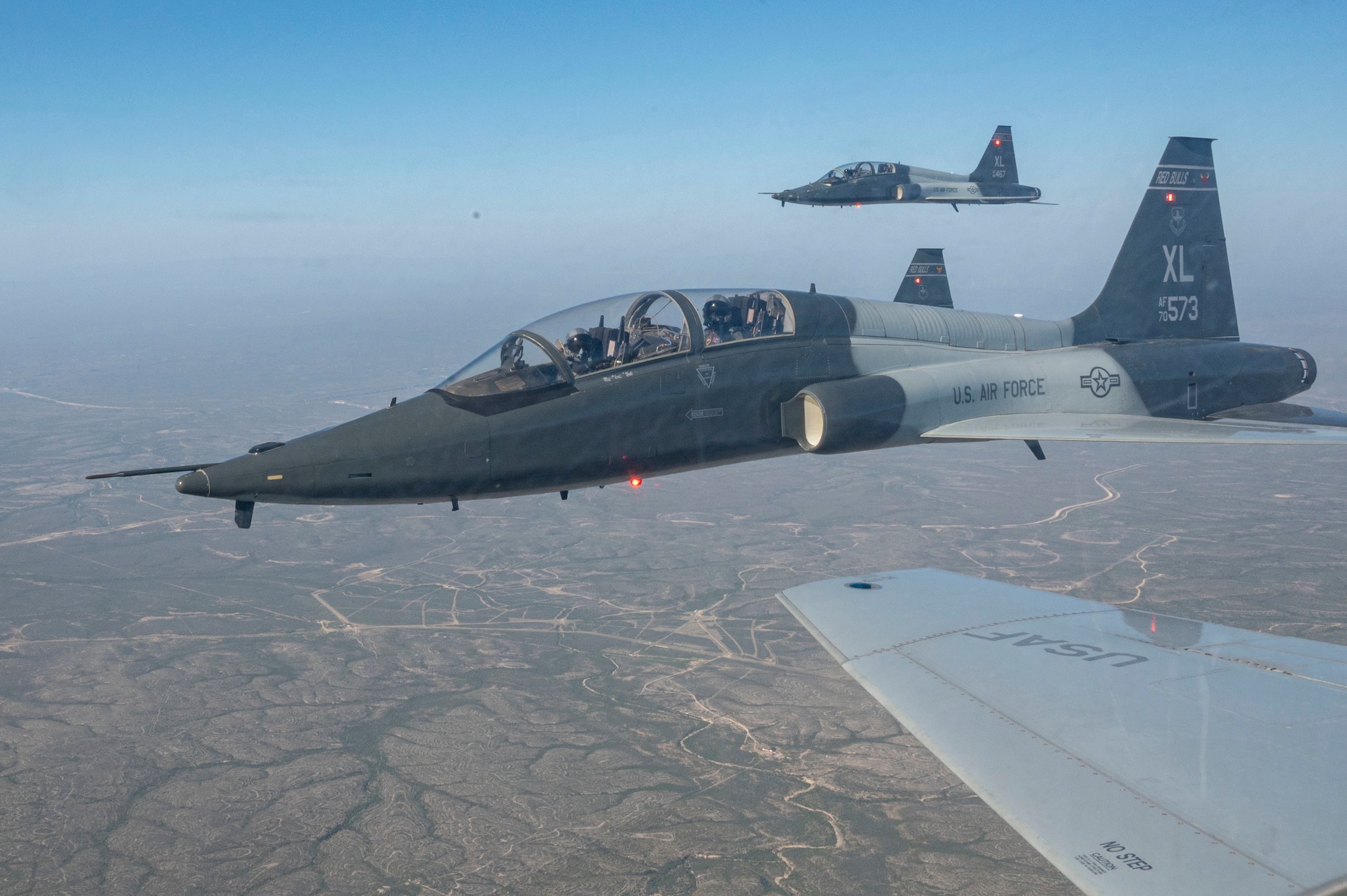 A standard training T-38 flight on Apr. 07, 2021 at Laughlin Air Force Base Texas. The T-38 is the standard aircraft for training pilots who are tracking in the fighter aircraft. (U.S. Air Force photo by Airman 1st Class David Phaff)