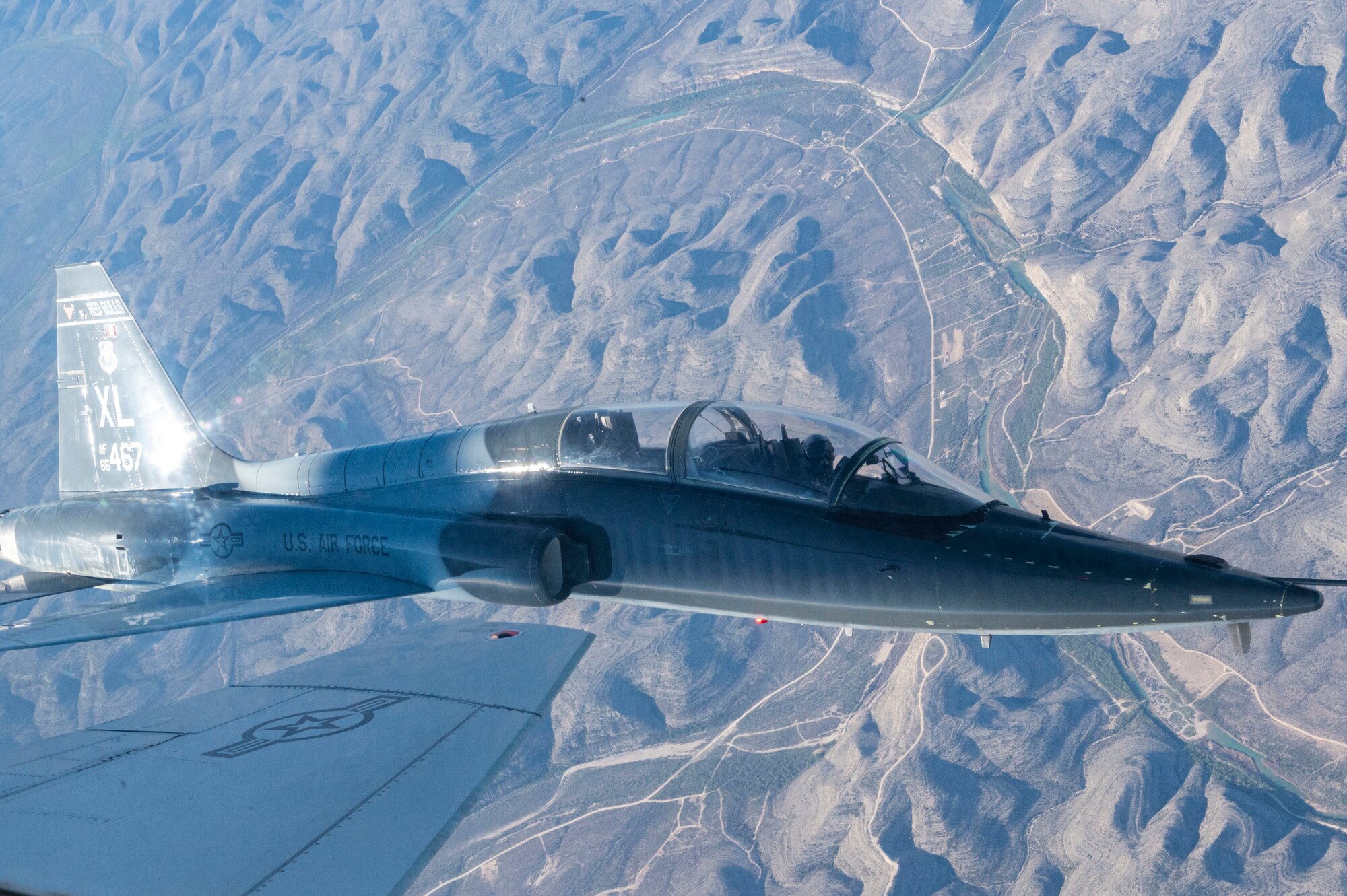 A standard training T-38 flight on Apr. 07, 2021 at Laughlin Air Force Base Texas. The T-38 is the standard aircraft for training pilots who are tracking in the fighter aircraft. (U.S. Air Force photo by Airman 1st Class David Phaff)