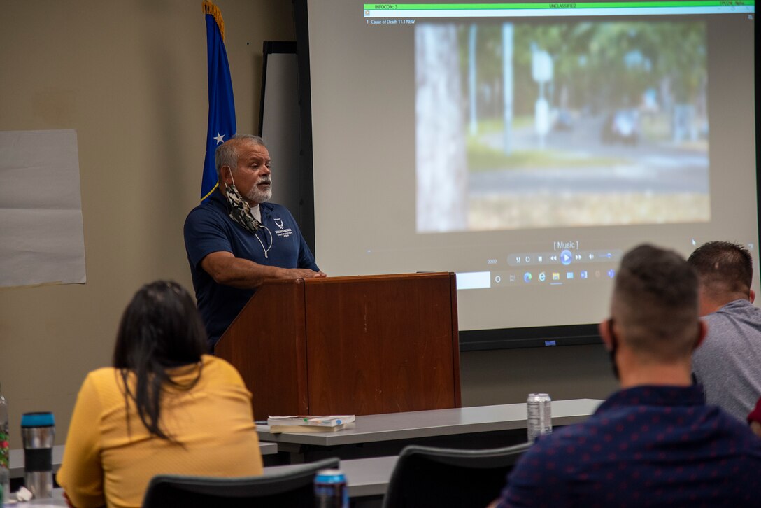 Armando Franco, Air Force Wounded Warrior (AFW2) wellness program team leader, teaches service members about suicide intervention at an Applied Suicide Intervention Skills Training (ASIST) course at MacDill Air Force Base, Florida, May 11, 2021. 6th Air Refueling Wing first sergeants reached out to AFW2 to lead ASIST which is a suicide prevention and intervention program designed to teach participants life-assisting intervention skills from a community-based approach.