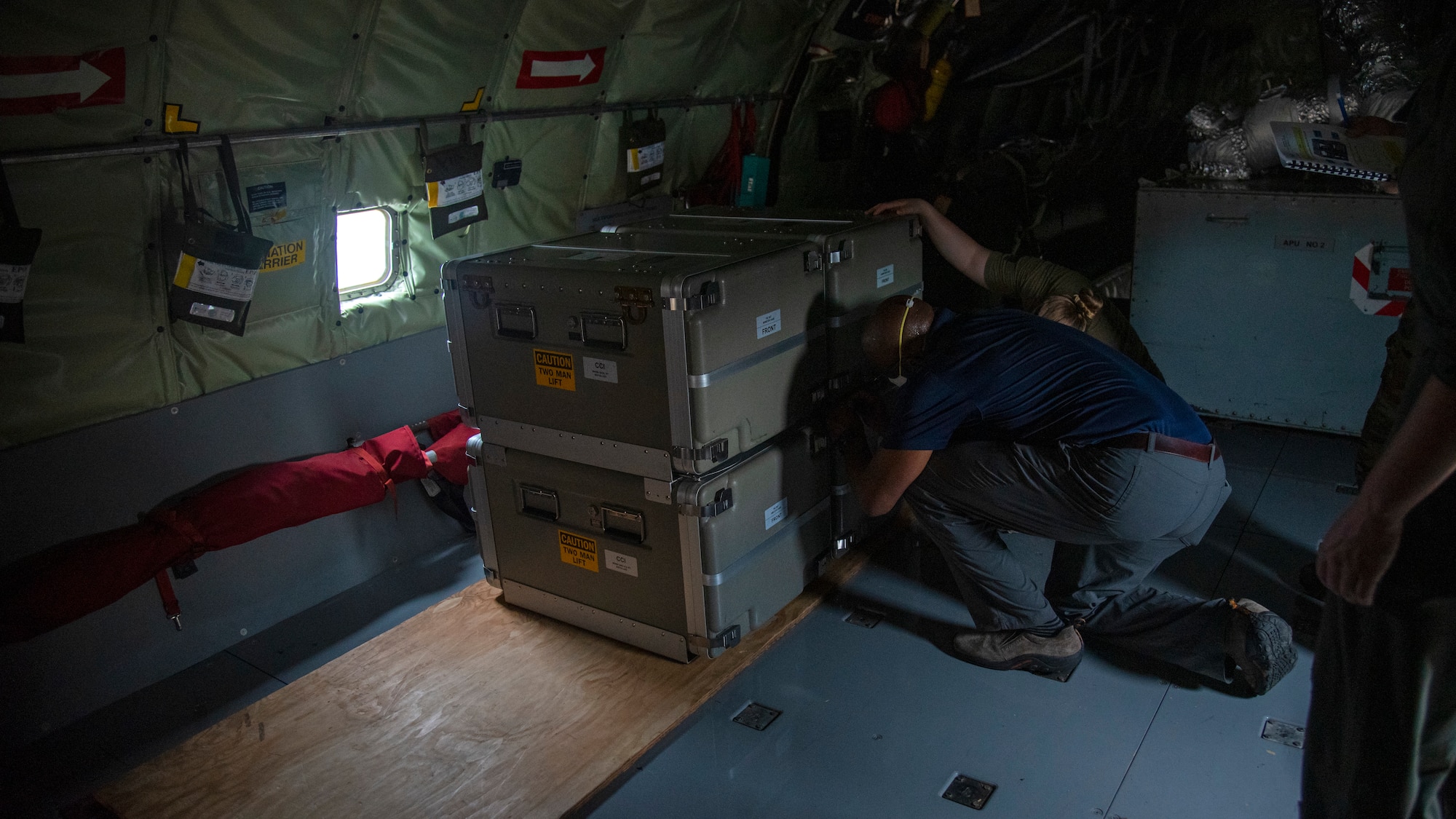 Millard Bolden, a Northrup Grummins and defense contractor employee, and U.S. Air Force Senior Airman Kylie Strawser, 50th Air Refueling Squadron (ARS) boom operator, secure a Roll-On Beyond-Line-Of-Sight Enhancement (ROBE) on a KC-135 Stratotanker aircraft at MacDill Air Force Base, Florida, May 13, 2021. 50th ARS members secured the ROBE in preparation for Exercise Mobility Guardian, Air Mobility Command’s largest annual exercise in which two 50th ARS crews will participate in.