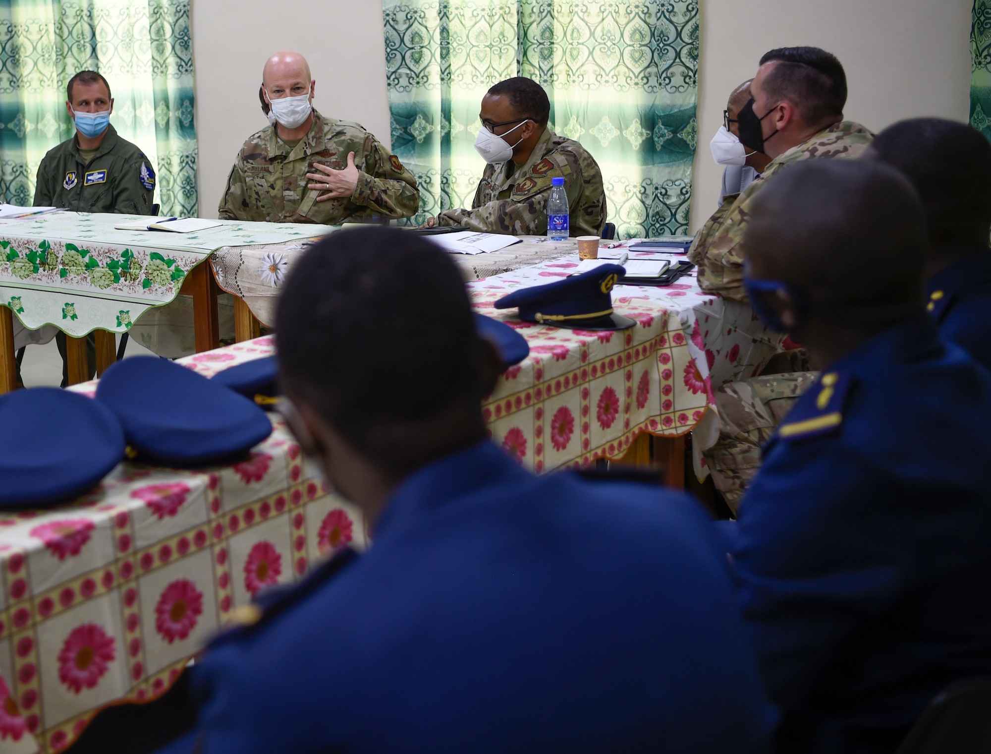 Brig. Gen. Christopher Ireland, U.S. Air Forces in Europe-Air Forces Africa chief of staff, facilitates a discussion with Senegalese air force members in Thies, Senegal, May 26, 2021. Throughout the engagement, Airmen facilitated several discussions with their Senegalese peers on topics such as leadership, airmanship, administrative processes, doctrine and personnel management. (U.S. Air Force photo by 1st Lt. Hannah Durbin)