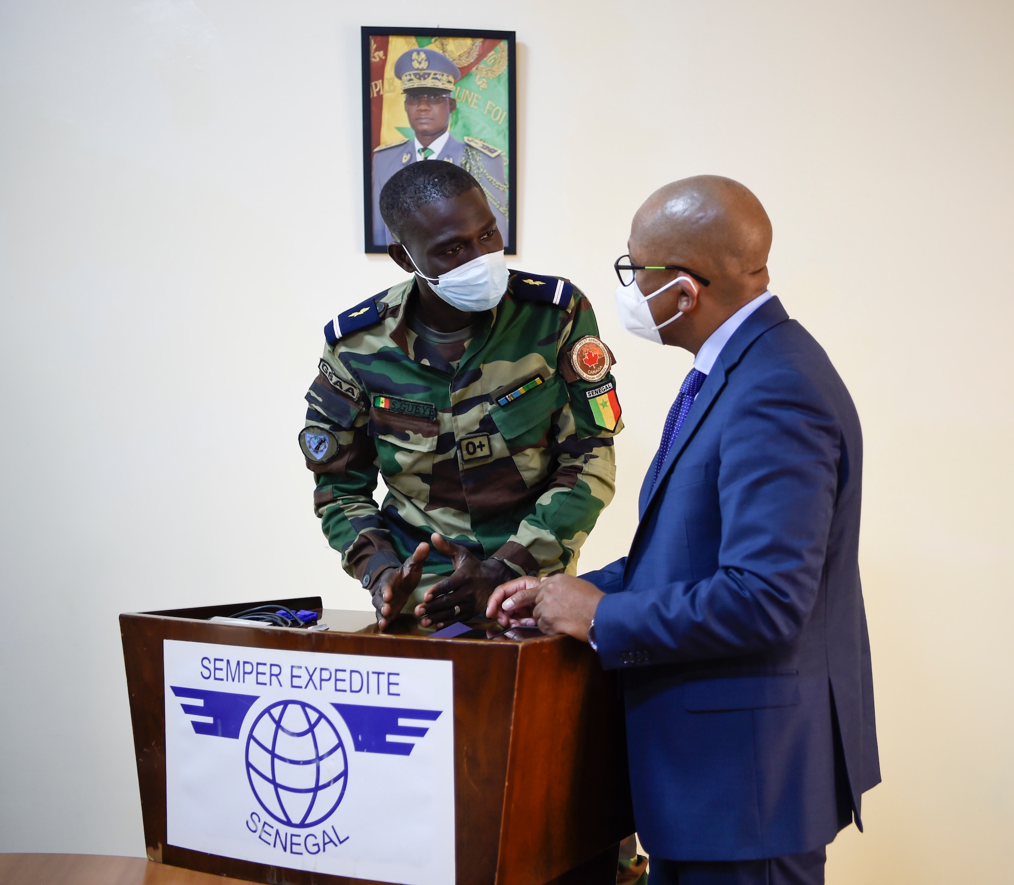 Mr. Noel Fachi, U.S. Air Forces in Europe-Air Forces Africa force development program manager, answers a question from a Senegalese Airmen participating in the force development discussions in Dakar, Senegal, May 28, 2021. The workshops created an environment for the partners to come together to develop critical skills for addressing problems currently ripe in the region. (U.S. Air Force photo by 1st Lt. Hannah Durbin)