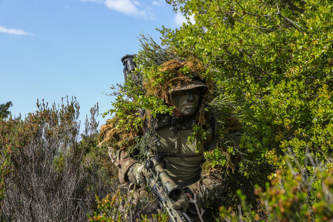 A soldier holding a weapon and wearing camouflage stands near a bush.
